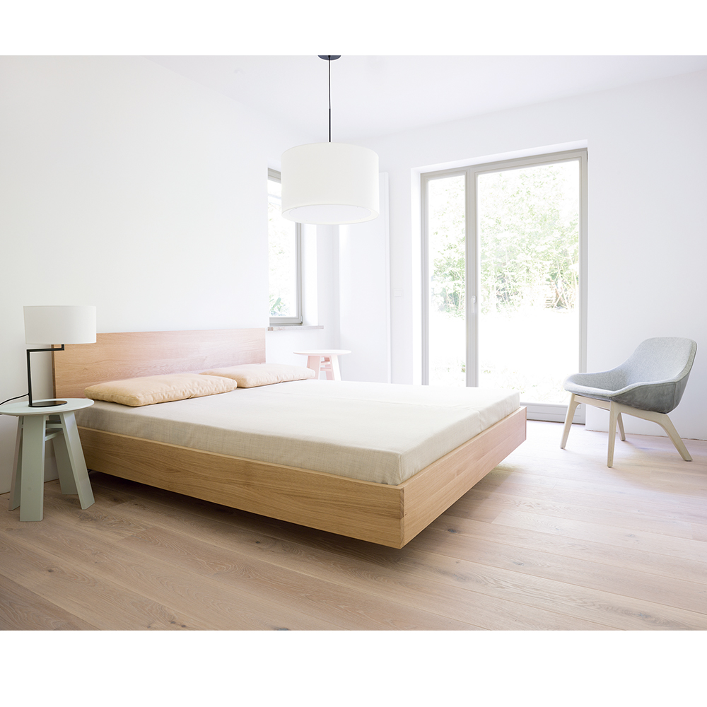 Simple Hi bed solid oak and Morph Lounge upholstered modern chair Zeitraum