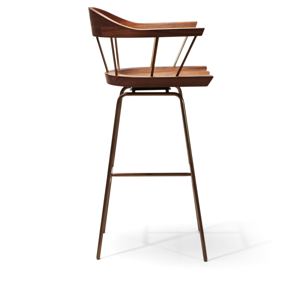 spindle chair stool bassamfellows bar counter walnut american made handcrafted brass spokes designer furniture dining seats interior design solid wood matteo mendiola back shop suite ny